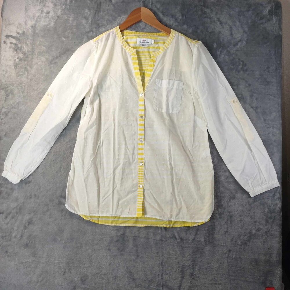 Vineyard Vines Women's White and Yellow Button Down Shirt Blouse Top S